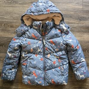 Mini Boden Blue Kids Puffer Jacket with Animal Print